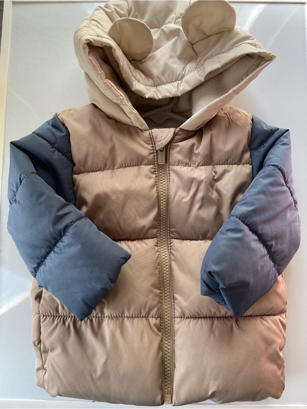 Old Navy Beige and Blue Toddler Puffer Jacket with Hood Ears